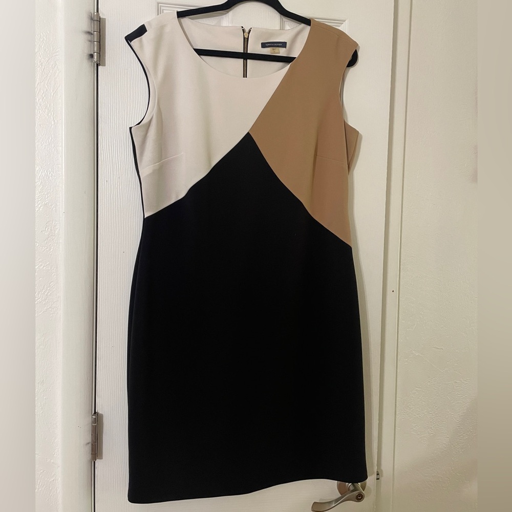 Tommy Hilfiger Asymmetrical Black, Cream, and Tan Dress- Size 14